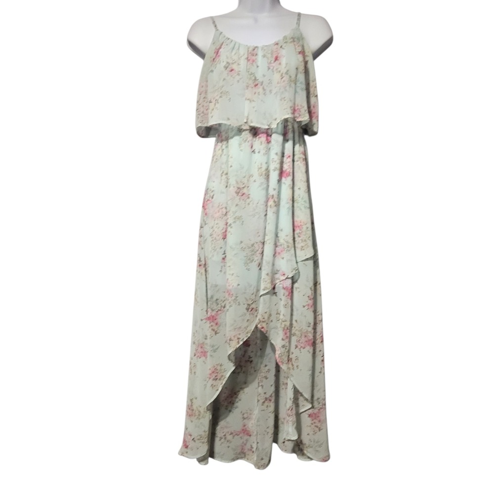 Disney Cinderella Floral High Low Maxi Dress Light Blue Pink Rose Chiffon‎ XS